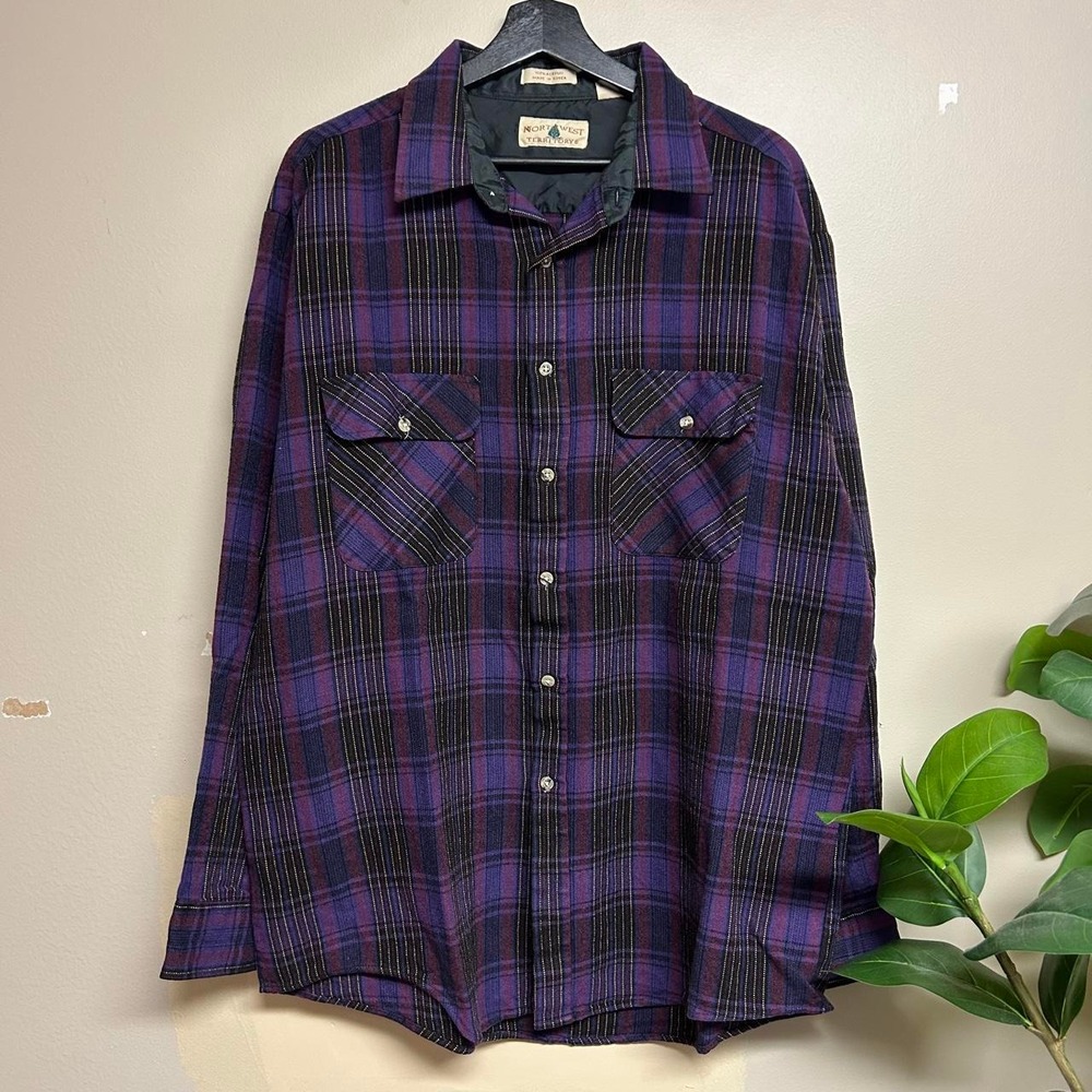 Vintage Northwest Territory Purple Plaid Flannel Button Up Shirt Mens XL 90s